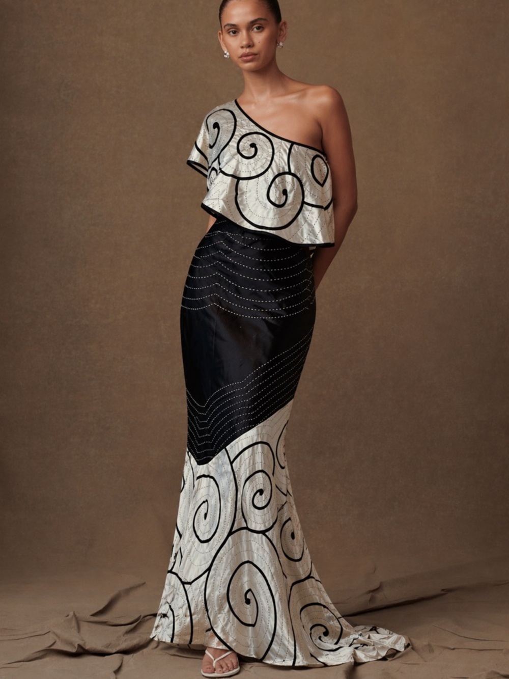 Chula Fashion 100% Silk One-Shoulder Maxi Dress | Black & White | Sz. 2